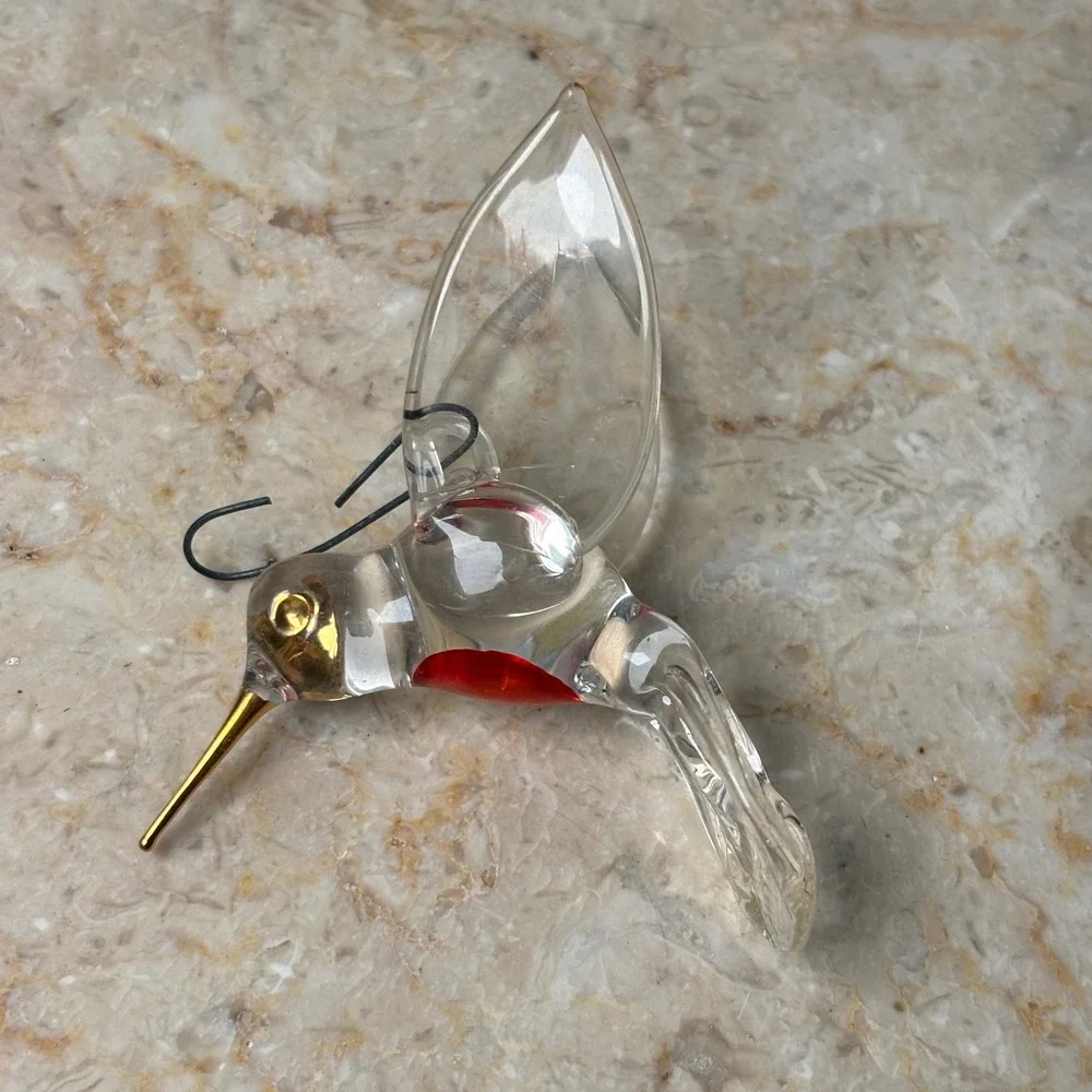 Hand‎ Blown Glass Hummingbird Ornament Clear Red Gold 3 Inch Art Glass